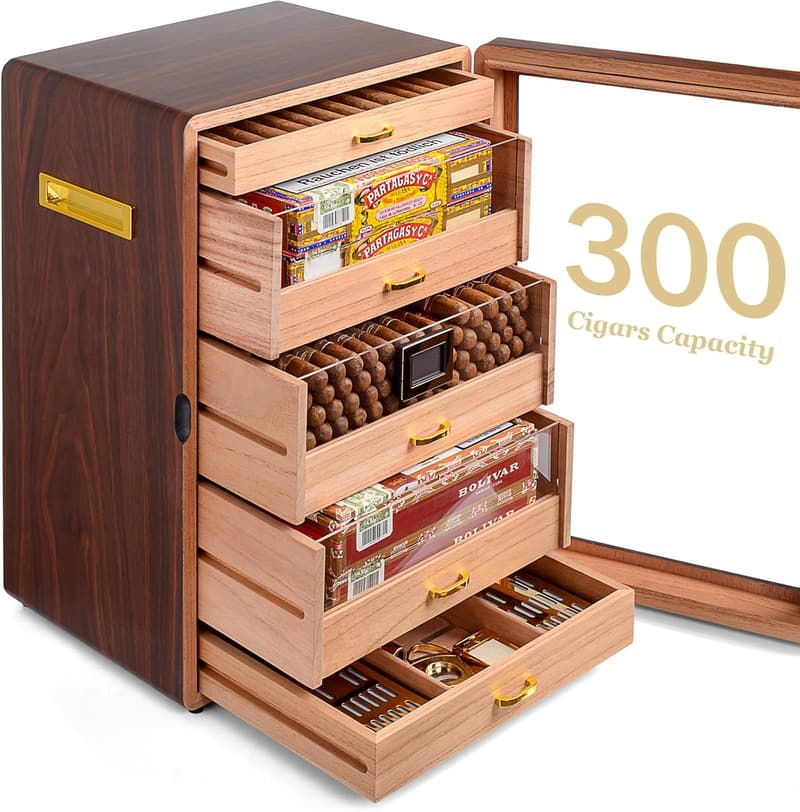Cedar Wood Cigar Humidor Cabinet with Digital Hygrometer, 300 Capacity