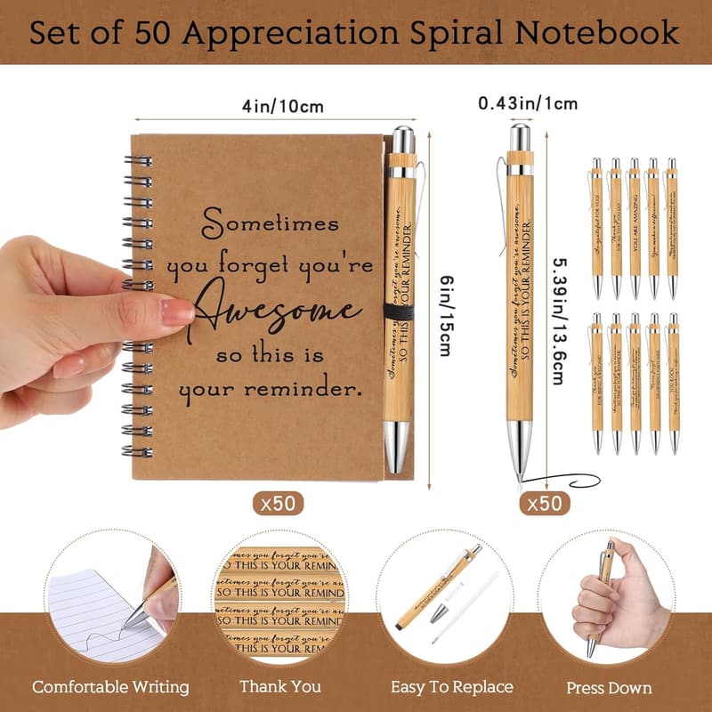 Employee Appreciation Spiral Notebook Set with Bamboo Pens