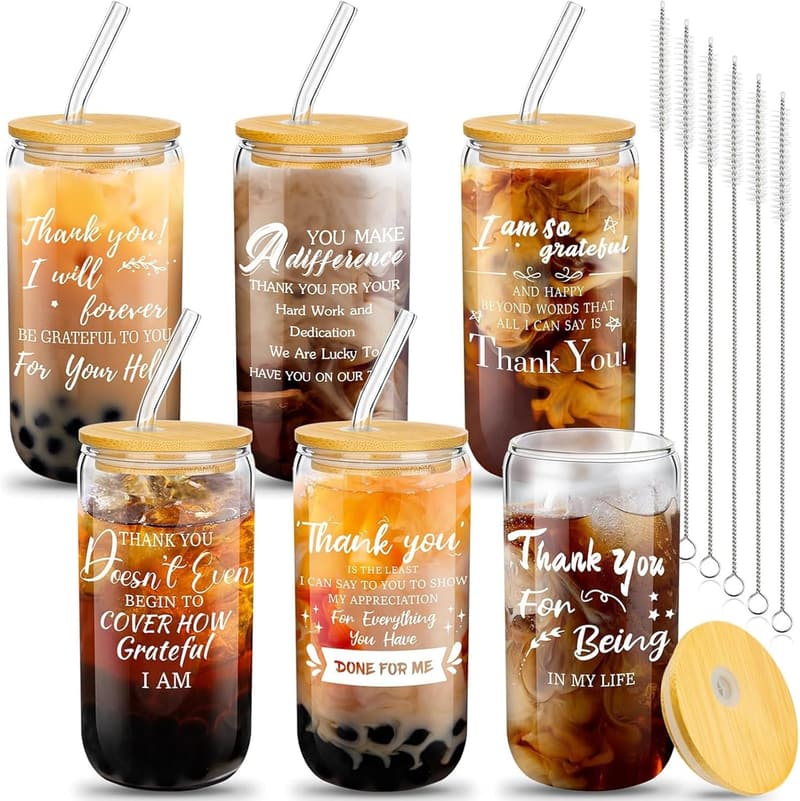 Employee Appreciation Gift Set: 6 Can-Shaped Glasses with Lids and Straws