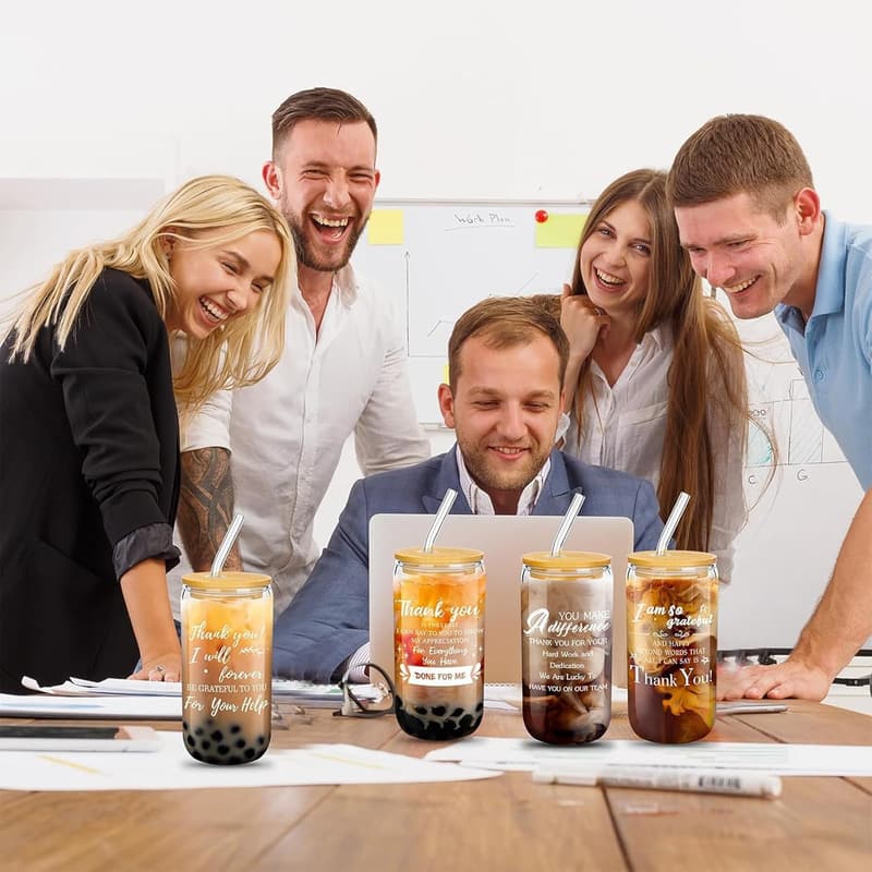 Employee Appreciation Gift Set: 6 Can-Shaped Glasses with Lids and Straws