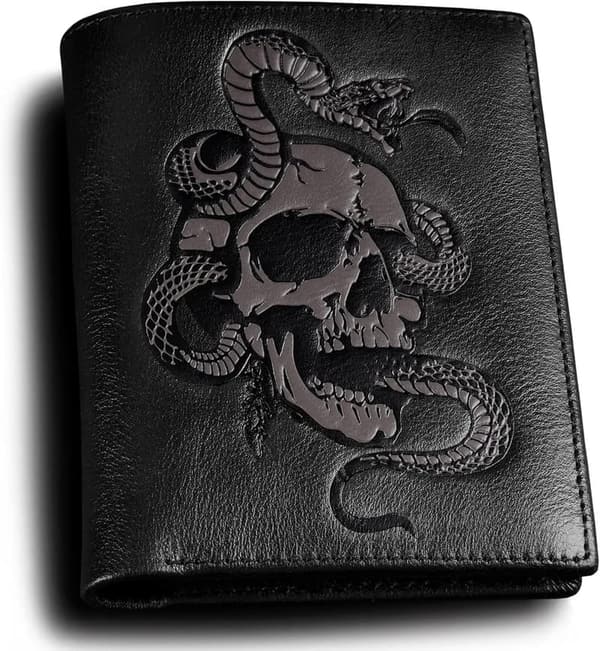 Cool Black Skull Leather Bifold Wallet for Men