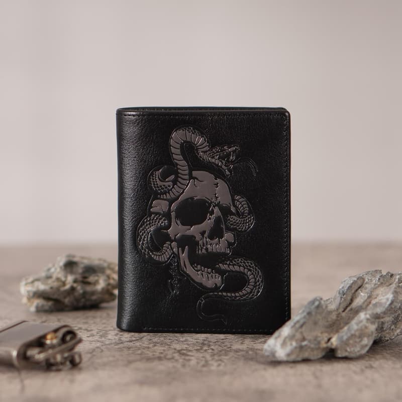 Cool Black Skull Leather Bifold Wallet for Men