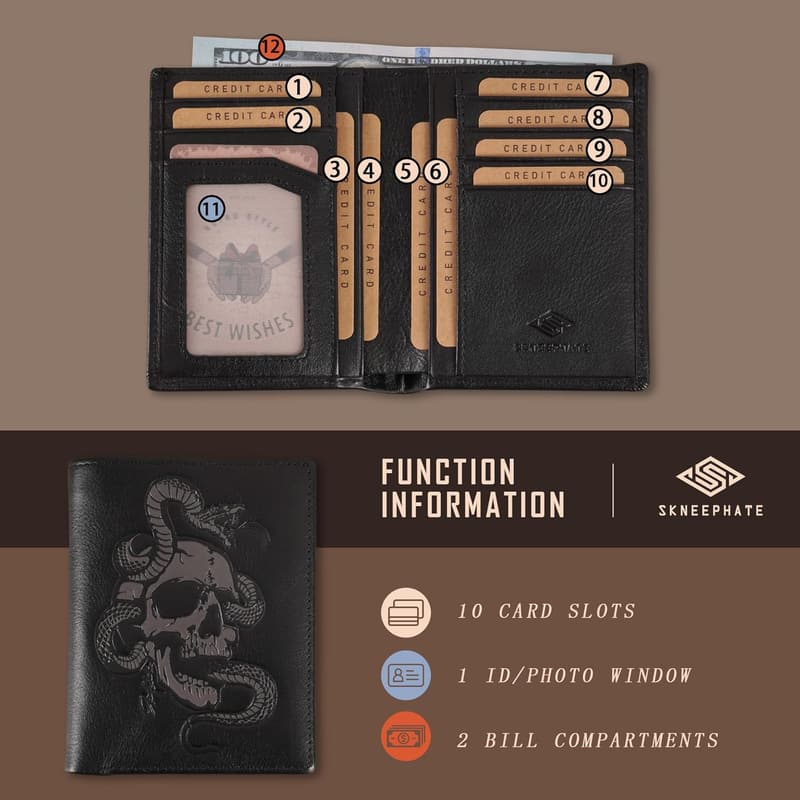 Cool Black Skull Leather Bifold Wallet for Men