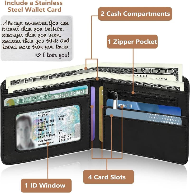 Boys' RFID Blocking Leather Wallet with Coin Pocket & ID Window