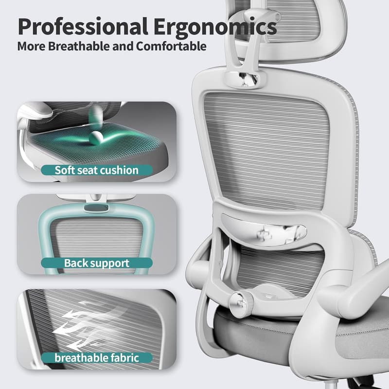 Ergonomic High Back Office Chair for Home or Study - Grey