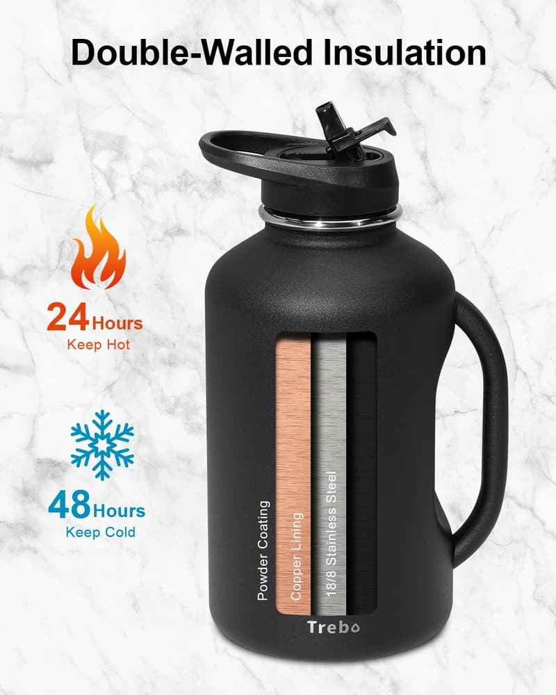 Insulated Stainless Steel Water Bottle with Handle - 64oz Black