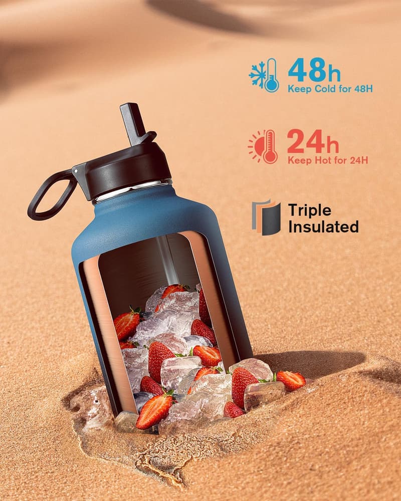 64 oz Insulated Stainless Steel Water Bottle with Straw & 3 Lids