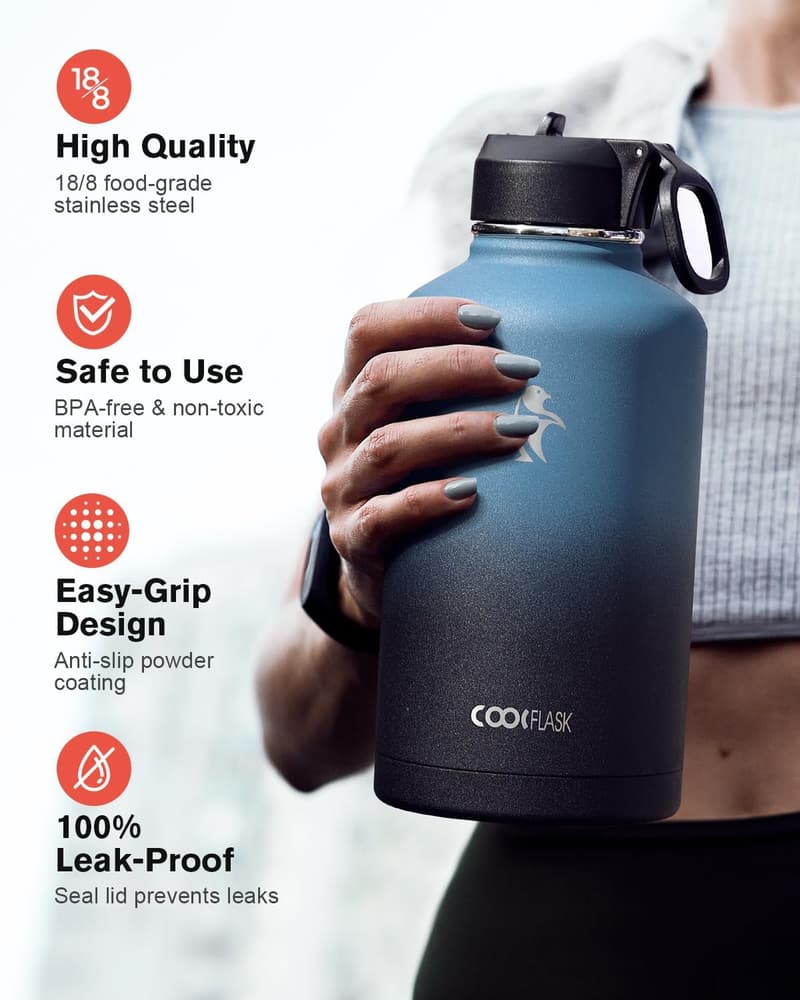 64 oz Insulated Stainless Steel Water Bottle with Straw & 3 Lids