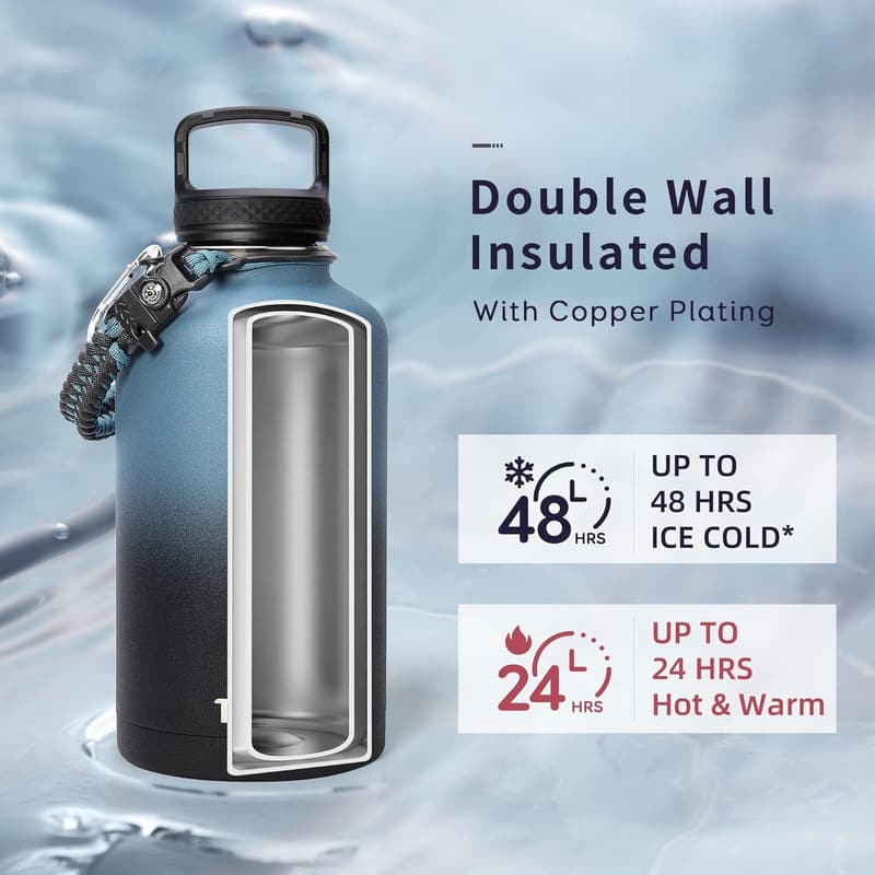 64oz Insulated Stainless Steel Water Bottle with Paracord Handle