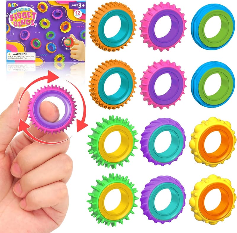 Sensory Fidget Rings for Kids - 12 Pack Stress Relief Spinner