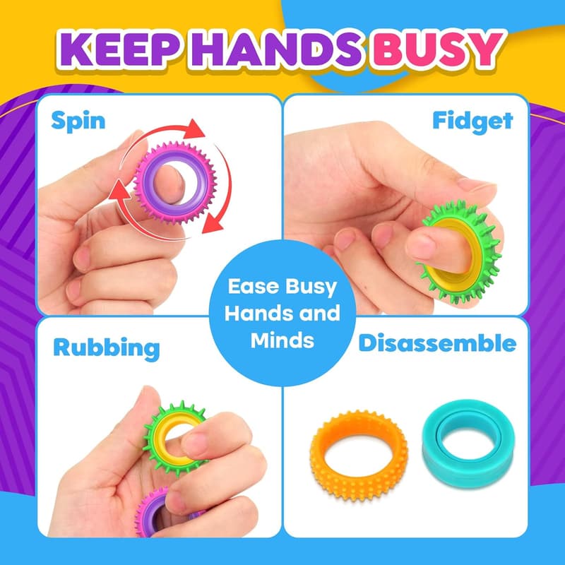 Sensory Fidget Rings for Kids - 12 Pack Stress Relief Spinner