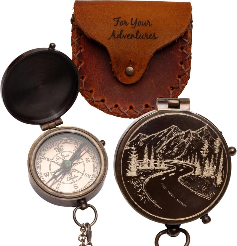 Engraved Brass Compass with Leather Case - Vintage Adventure Gift