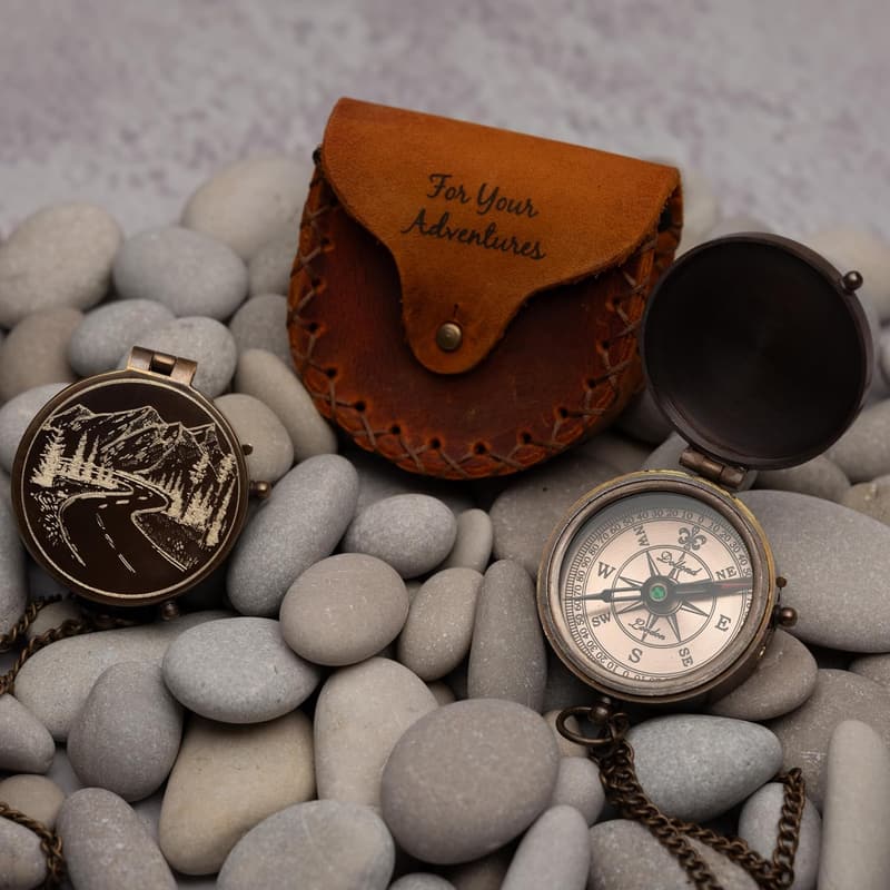 Engraved Brass Compass with Leather Case - Vintage Adventure Gift