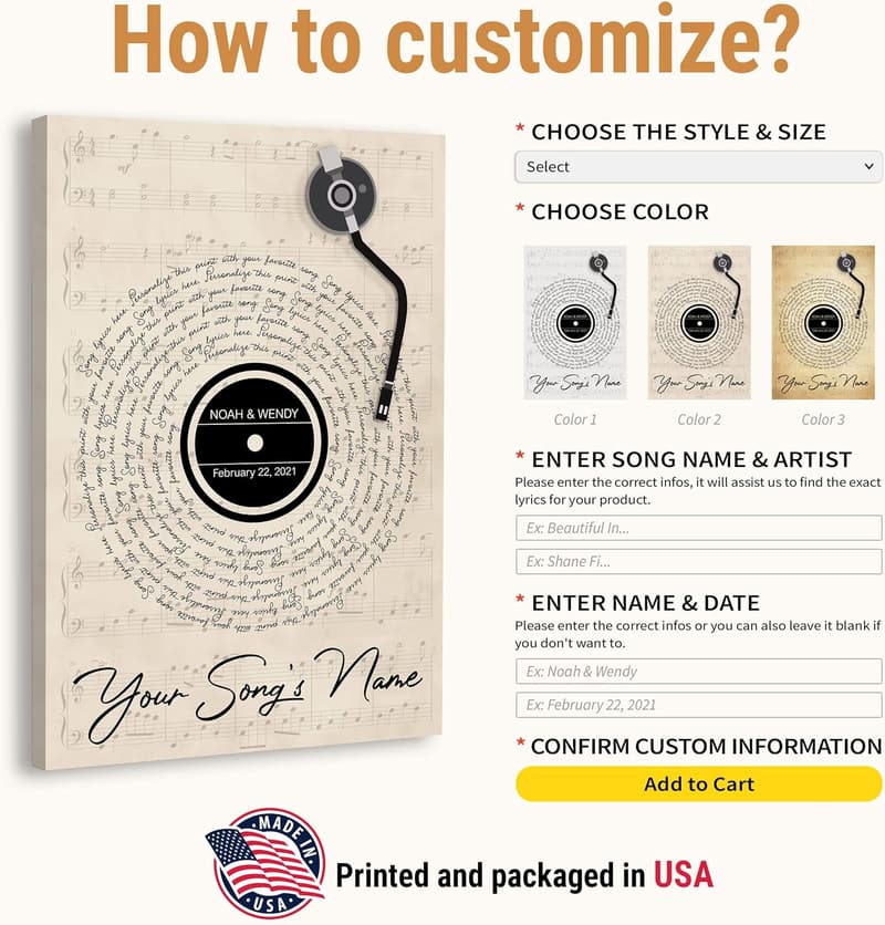 One Year Anniversary Custom Song Lyrics Canvas Art