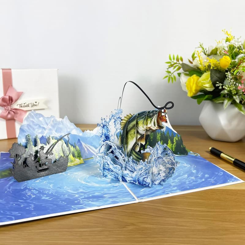 Handmade 3D Bass Fish Popup Card - Unique Gift for Fishermen