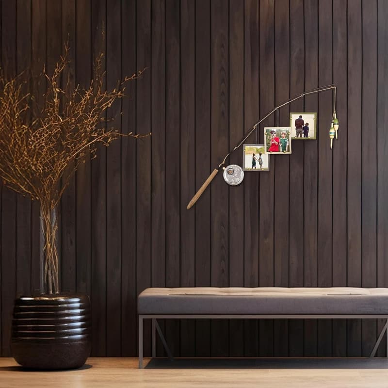 Fishing Pole Wall Decor with Three 4” x 4” Picture Frames