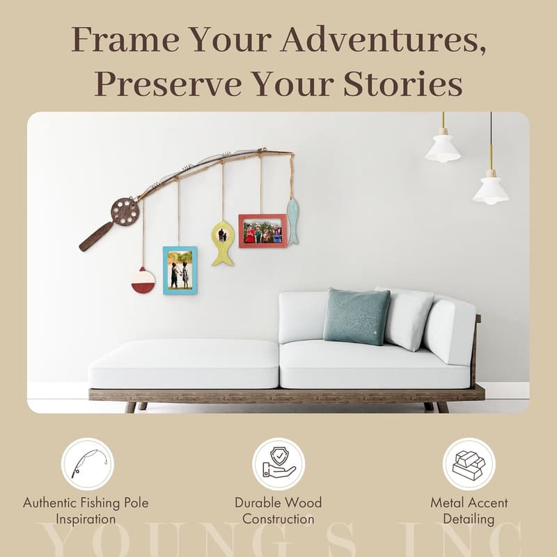 Fishing Pole Wall Decor with Three 4” x 4” Picture Frames