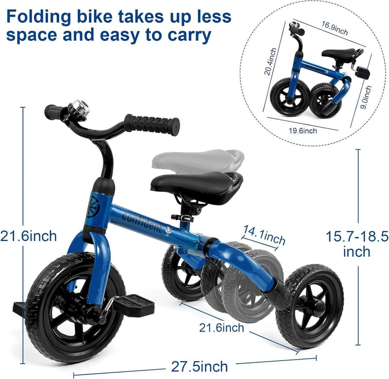 Folding 3-in-1 Tricycle for Toddlers 2-5, Adjustable Seat (Blue)