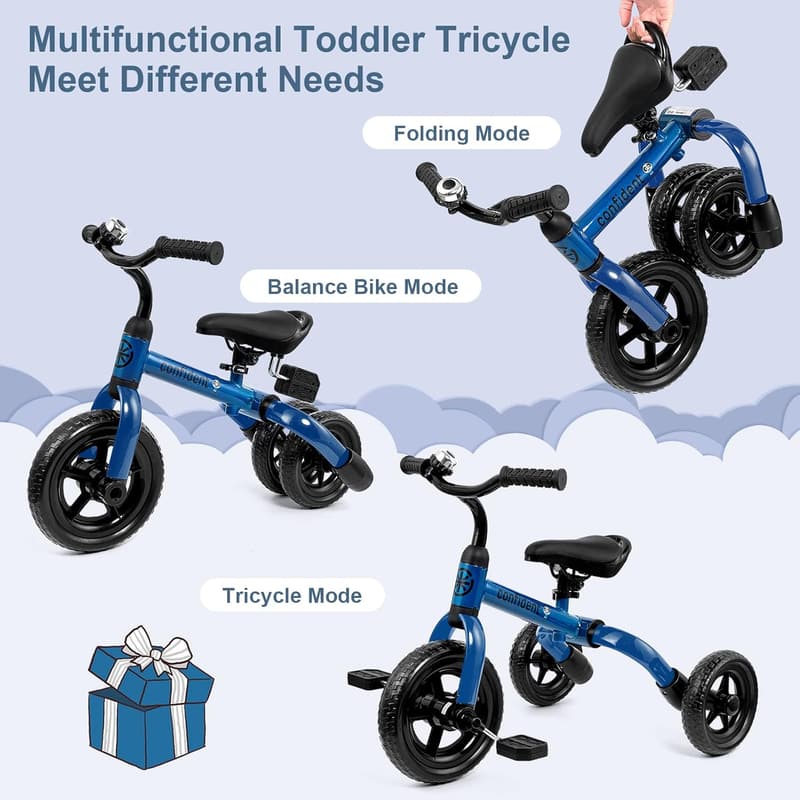 Folding 3-in-1 Tricycle for Toddlers 2-5, Adjustable Seat (Blue)