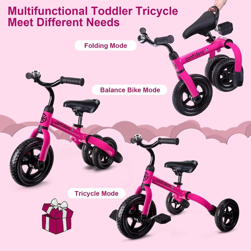 3-in-1 Folding Tricycle for Toddlers (Ages 2-5) - Pink