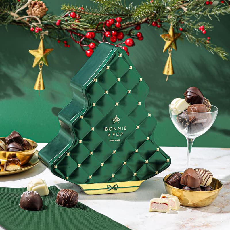 Holiday Chocolate Gift Basket - Tree-Shaped Tin Assorted Truffles