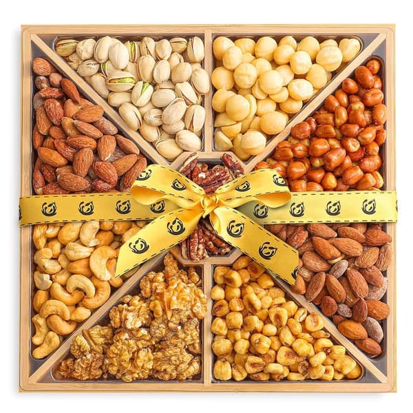 Gourmet Mixed Nuts Gift Basket in Bamboo Platter - 2 lb Assortment