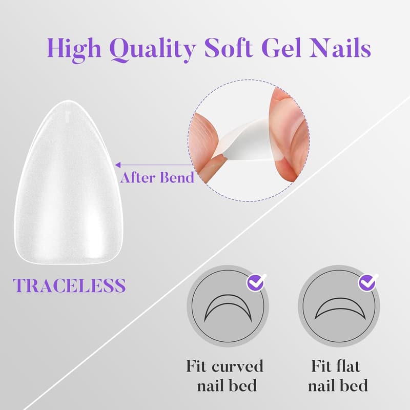 Pre-shaped Almond Acrylic Nail Tips - 504Pcs, Clear Matte Finish