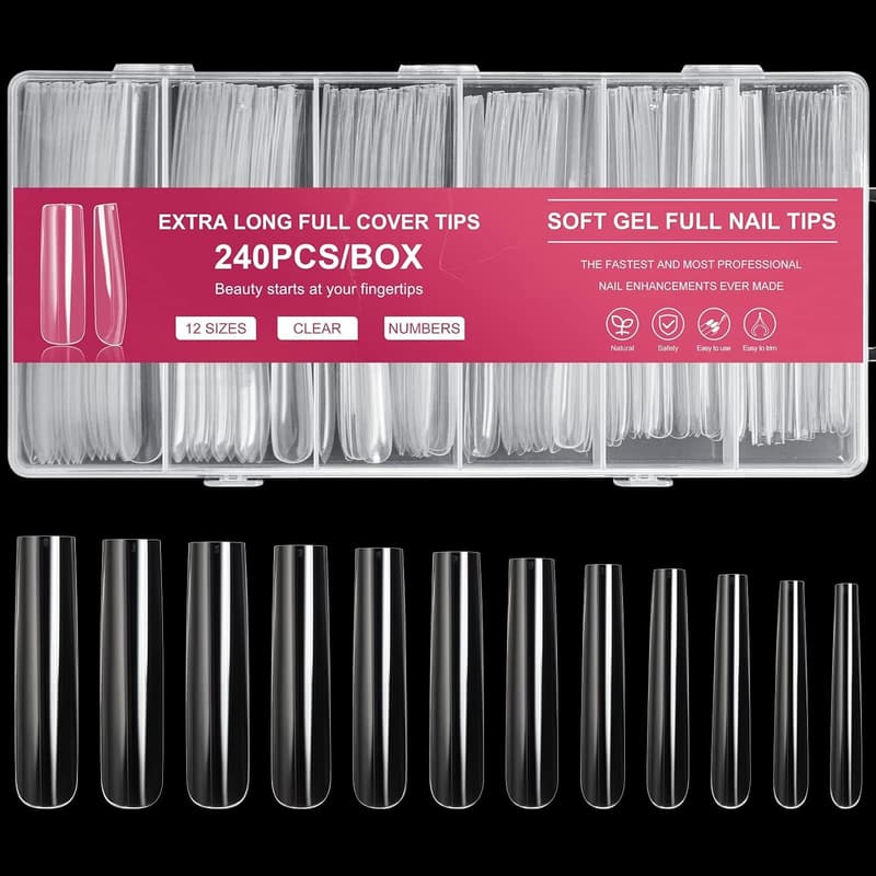 240PCS XXXL Clear Square Full Cover Nail Tips for DIY & Salons