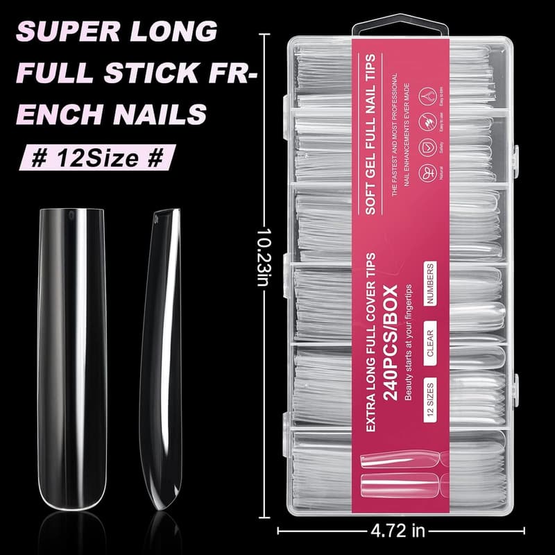 240PCS XXXL Clear Square Full Cover Nail Tips for DIY & Salons
