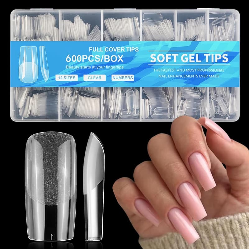 600pcs Clear Medium Square Gel Nail Tips for DIY Manicure