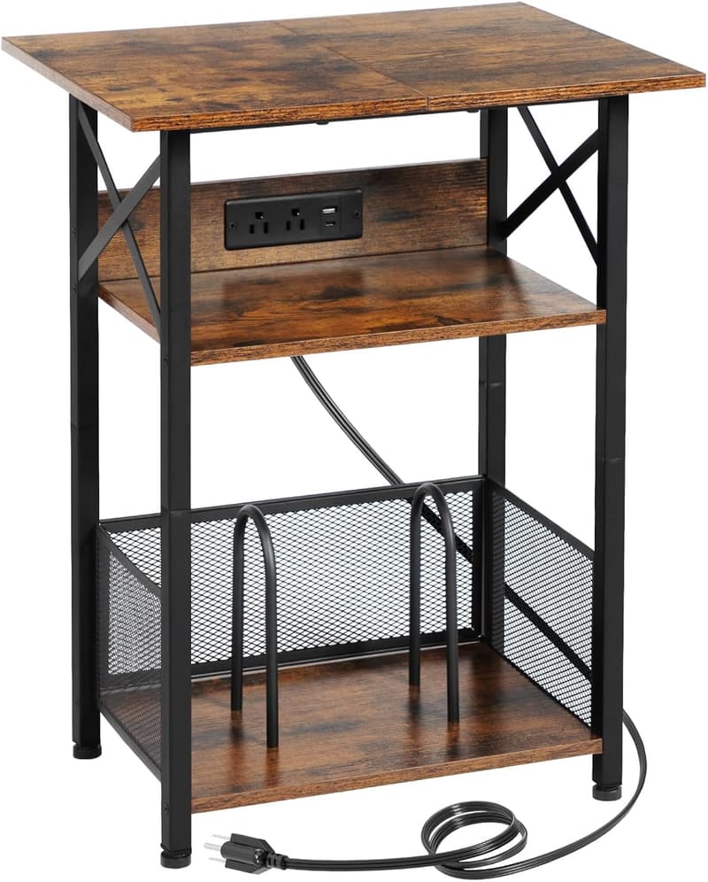 Vinyl Record Player Stand with Charging Station & Storage Cabinet