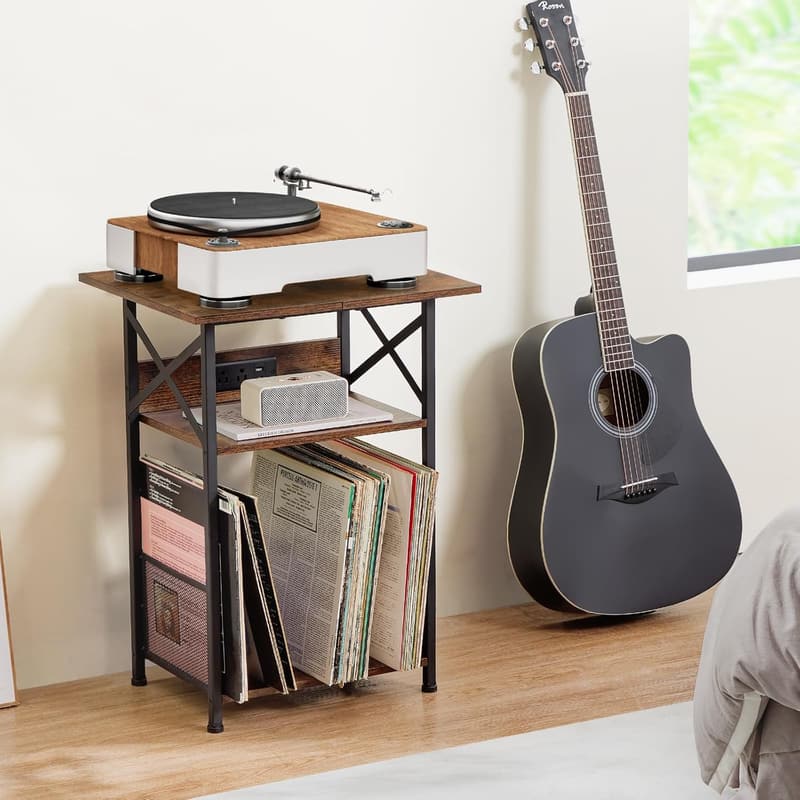 Vinyl Record Player Stand with Charging Station & Storage Cabinet