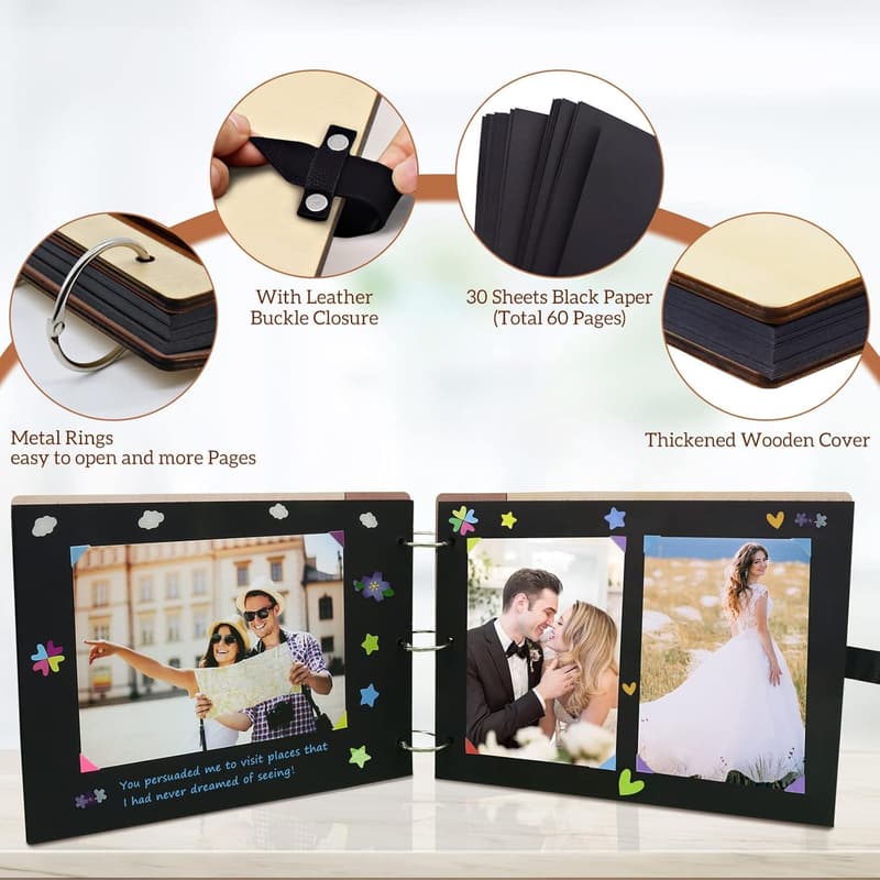 Valentine's Day Wooden Scrapbook for Couples - 60 Pages