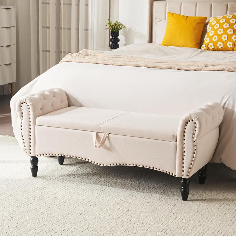 Beige Upholstered Storage Ottoman Bench for Bedroom
