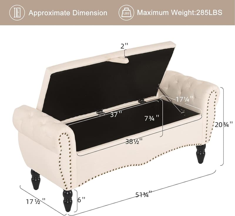 Beige Upholstered Storage Ottoman Bench for Bedroom