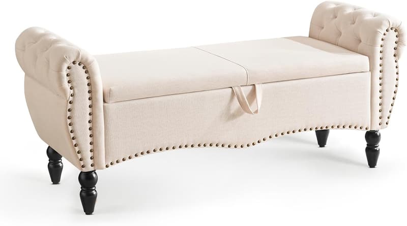 Beige Upholstered Storage Ottoman Bench for Bedroom
