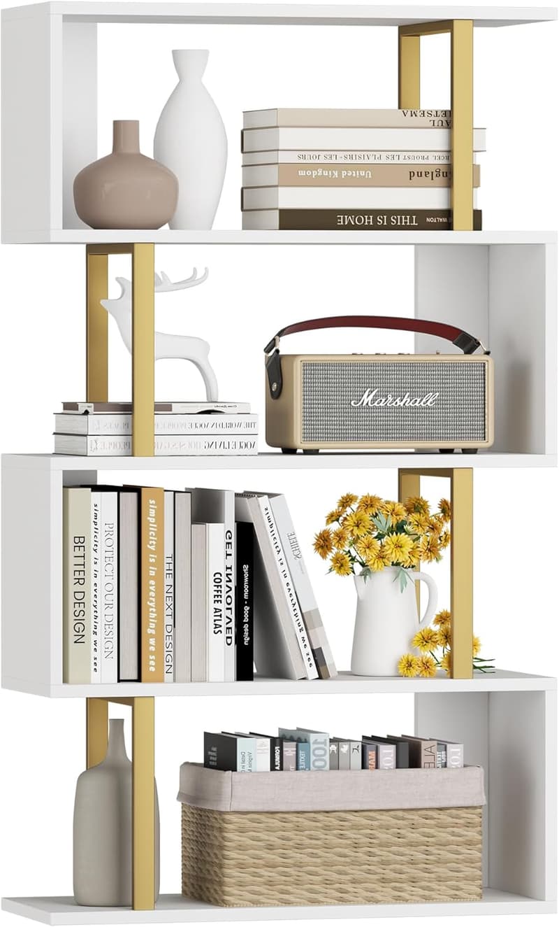 Modern 4-Tier S-Shaped Bookcase for Bedroom or Home Office