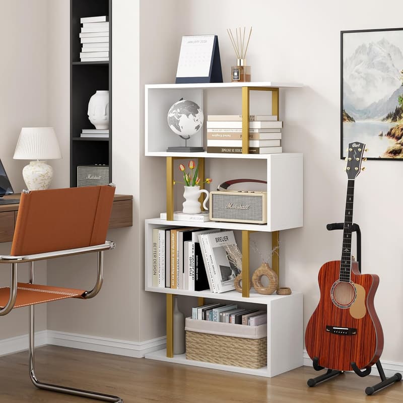 Modern 4-Tier S-Shaped Bookcase for Bedroom or Home Office