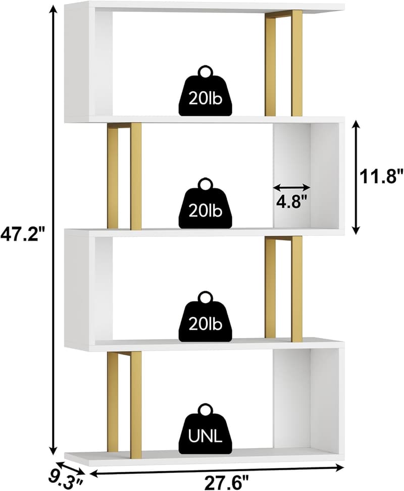 Modern 4-Tier S-Shaped Bookcase for Bedroom or Home Office