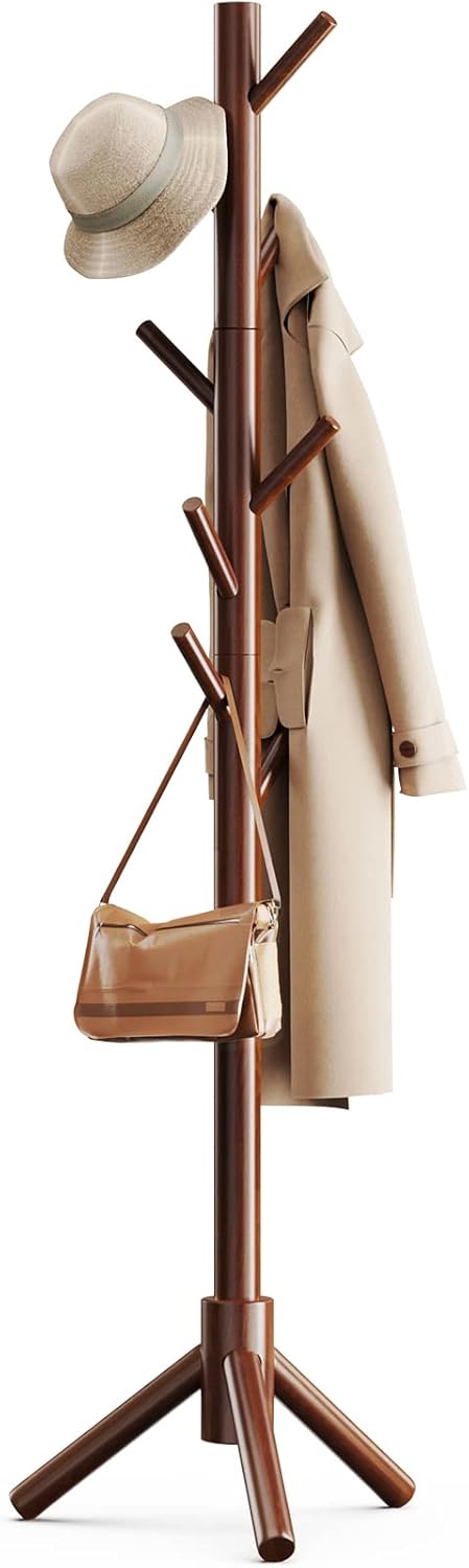 Wooden Coat Tree with 8 Hooks - Adjustable Hat Stand, Brown