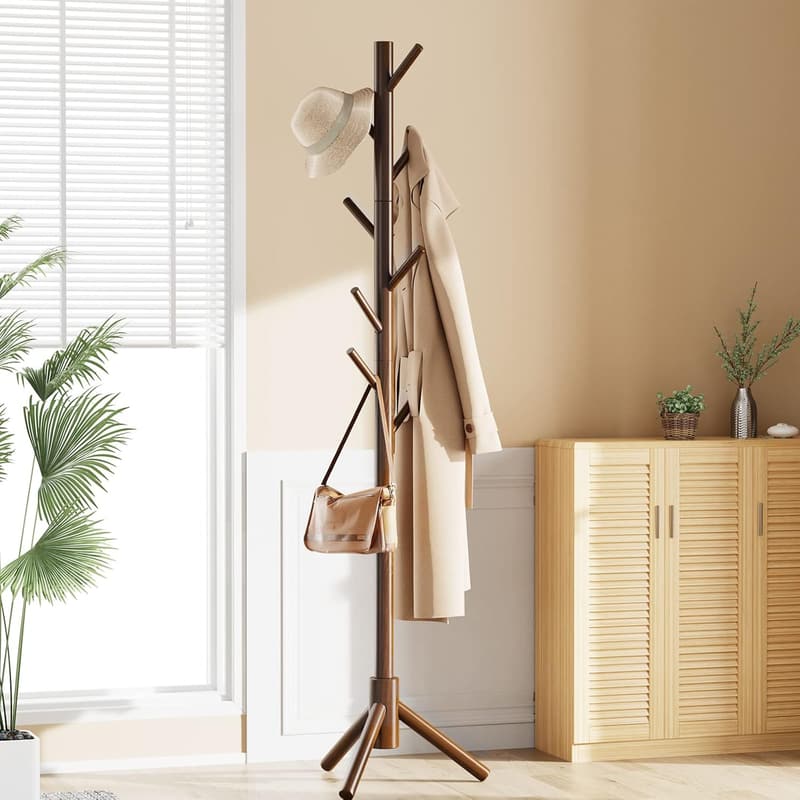 Wooden Coat Tree with 8 Hooks - Adjustable Hat Stand, Brown
