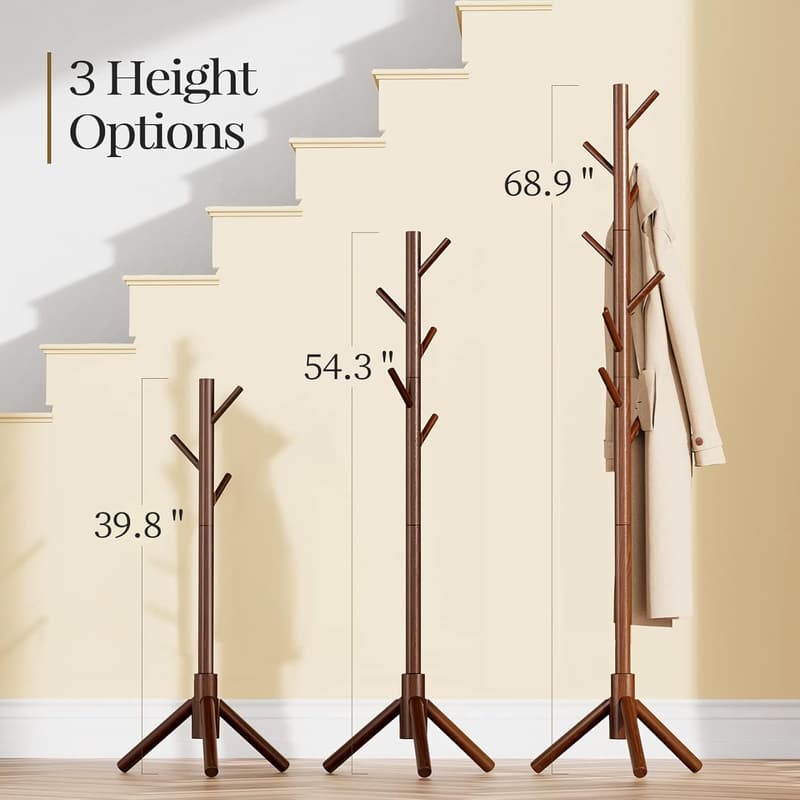 Wooden Coat Tree with 8 Hooks - Adjustable Hat Stand, Brown