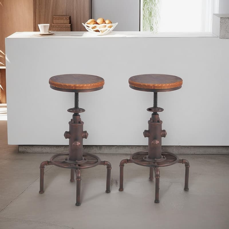 Industrial Red Bronze Barstool Set of 2 - Fire Hydrant Design