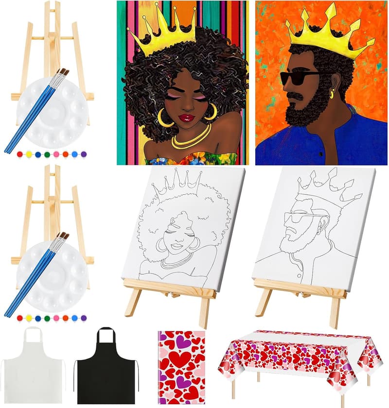 Valentine's Day Sip and Paint Kit for Couples - 13 Pcs Canvas Set