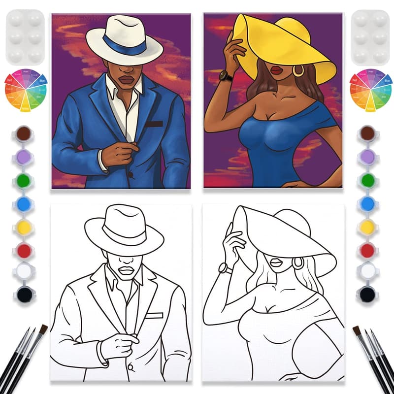 Paint and Sip Couples Canvas Kit - Pre-Drawn for Date Night
