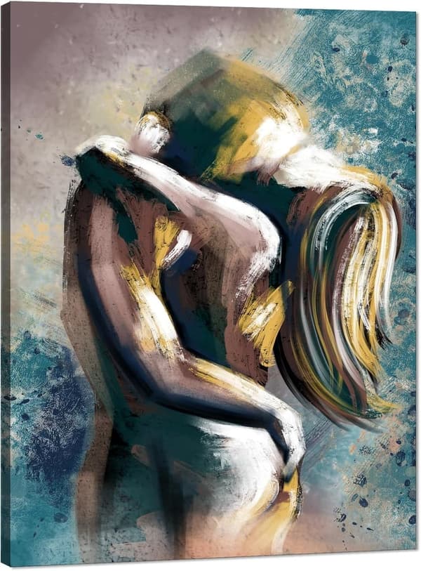 Couples' Vintage Canvas Wall Art – Colorful Nude Hugging Print 18x24