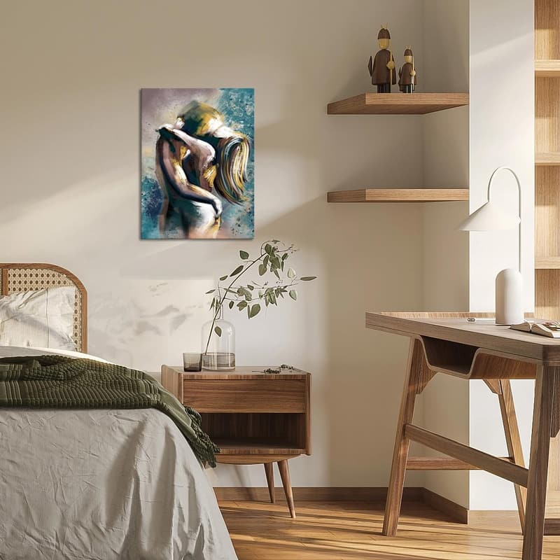 Couples' Vintage Canvas Wall Art – Colorful Nude Hugging Print 18x24
