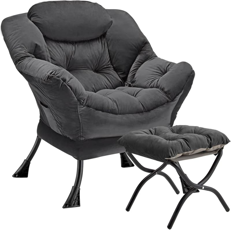 Modern Dark Grey Accent Chair with Folding Ottoman for Lounge