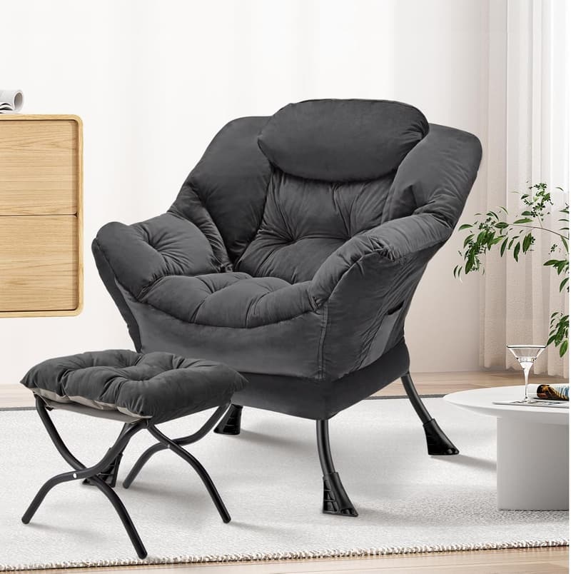Modern Dark Grey Accent Chair with Folding Ottoman for Lounge