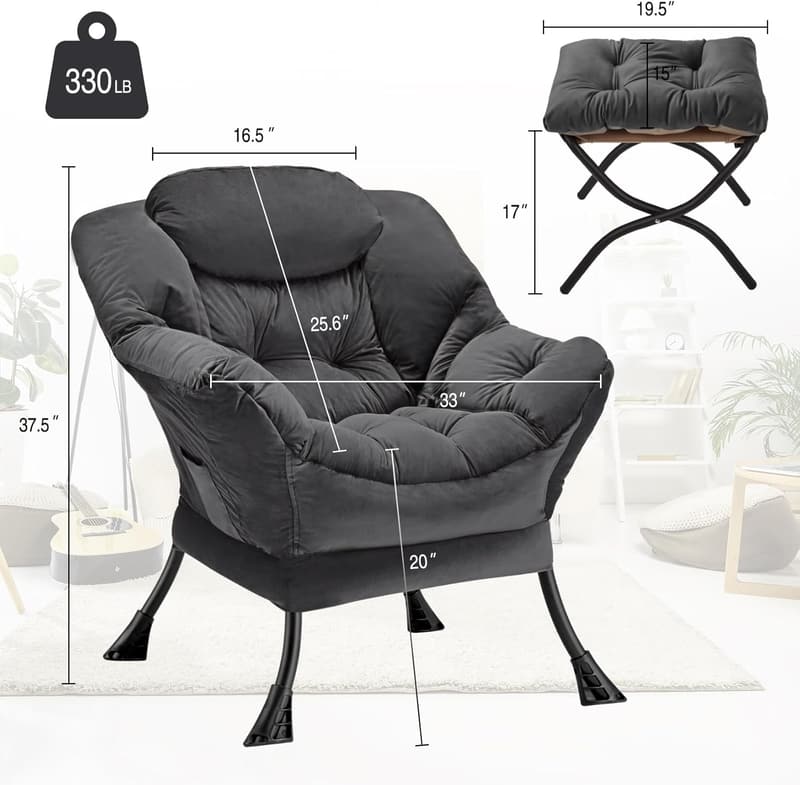 Modern Dark Grey Accent Chair with Folding Ottoman for Lounge